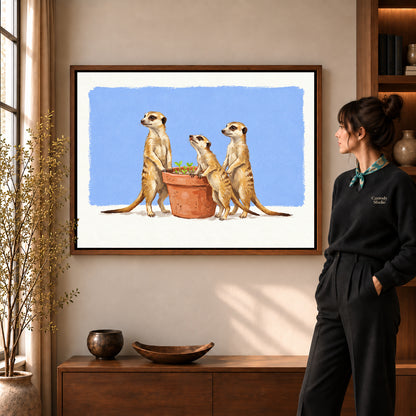 Meerkat Gardeners artwork in a walnut frame beside a standing woman in a warm room.