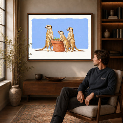 Walnut framed meerkat gardeners artwork above a seated man in a wood furnished living room.