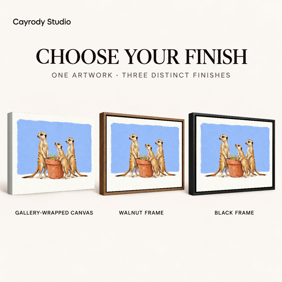 Meerkat Gardeners artwork finish chart showing gallery wrapped canvas, walnut frame, and black frame options.