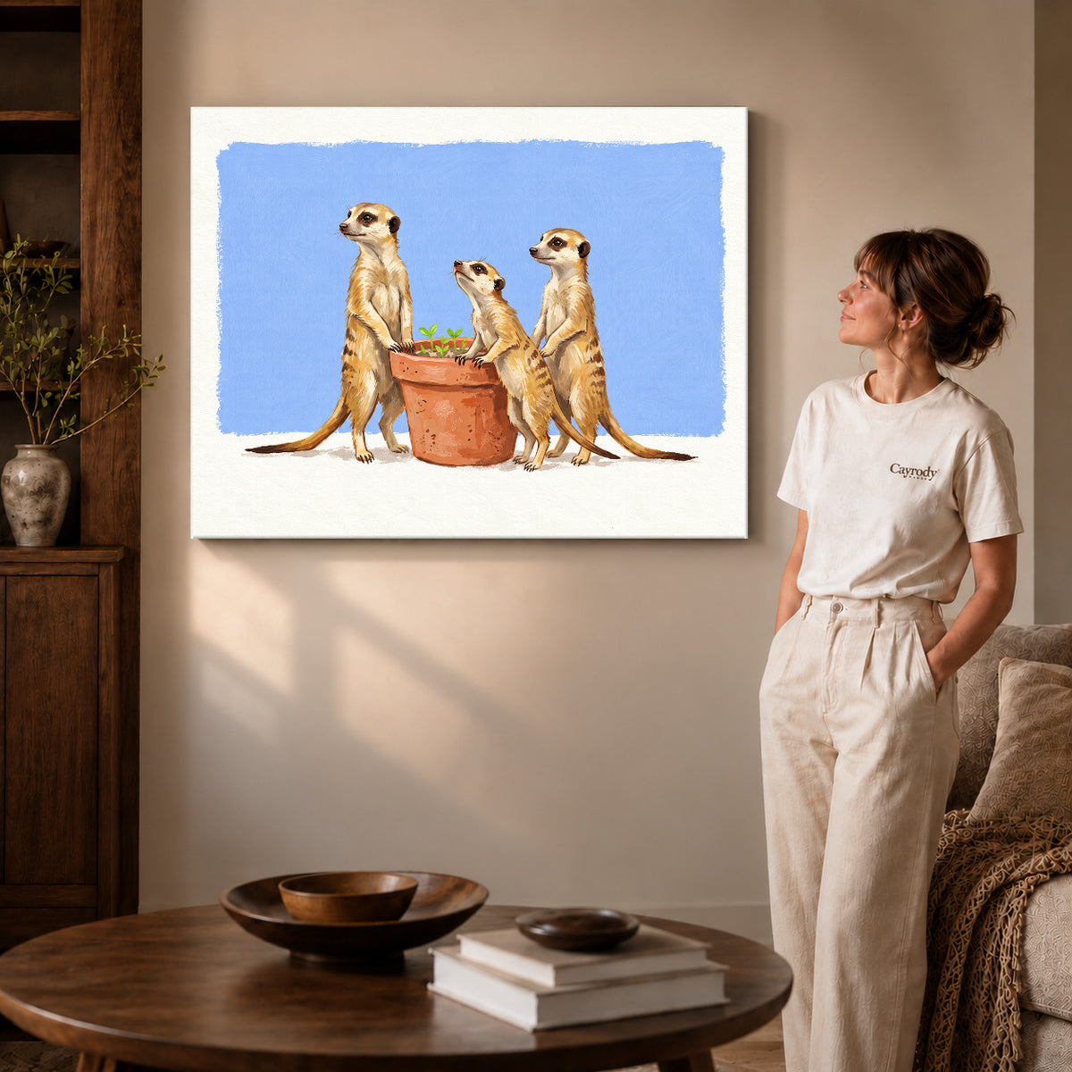Gallery wrapped meerkat gardeners artwork scene assigned to all six unframed wrapped canvas sizes.