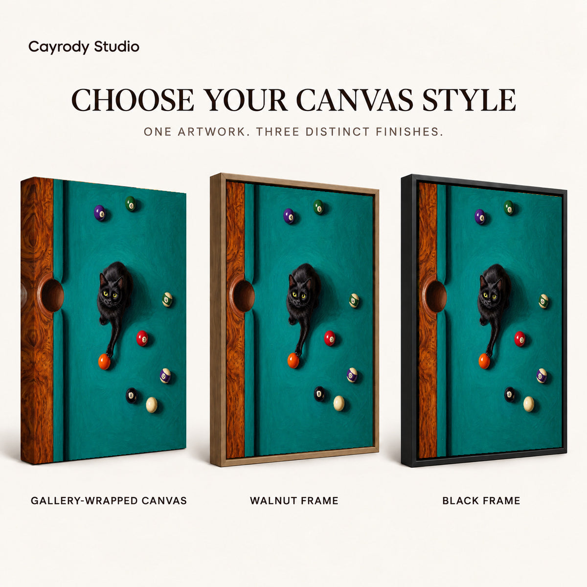 Playful Billiard Cat artwork finish chart showing gallery wrapped canvas, walnut frame, and black frame options.