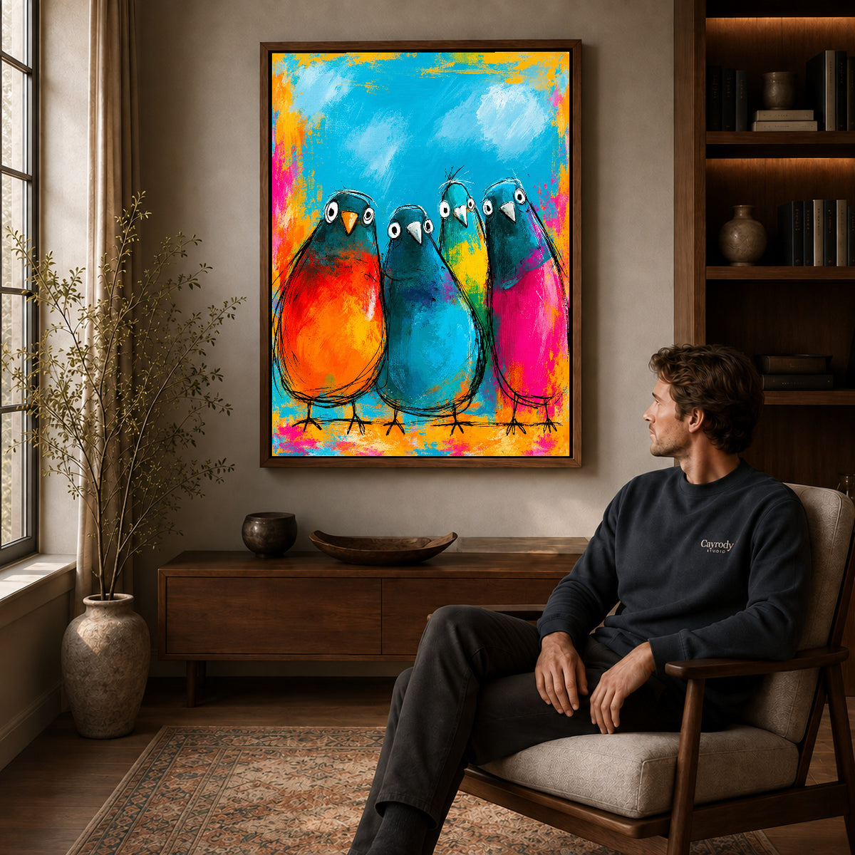 Walnut framed colorful bird quartet artwork above a seated man in a wood furnished living room.