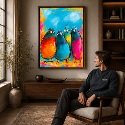 Walnut framed colorful bird quartet artwork above a seated man in a wood furnished living room.
