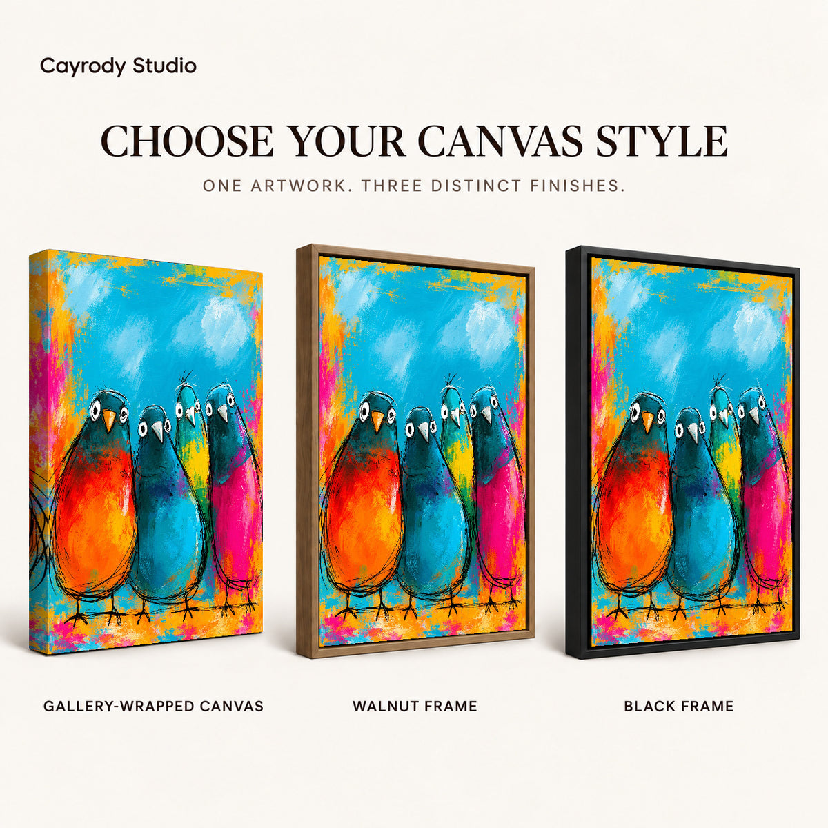 Colorful Bird Quartet artwork finish chart showing gallery wrapped canvas, walnut frame, and black frame options.