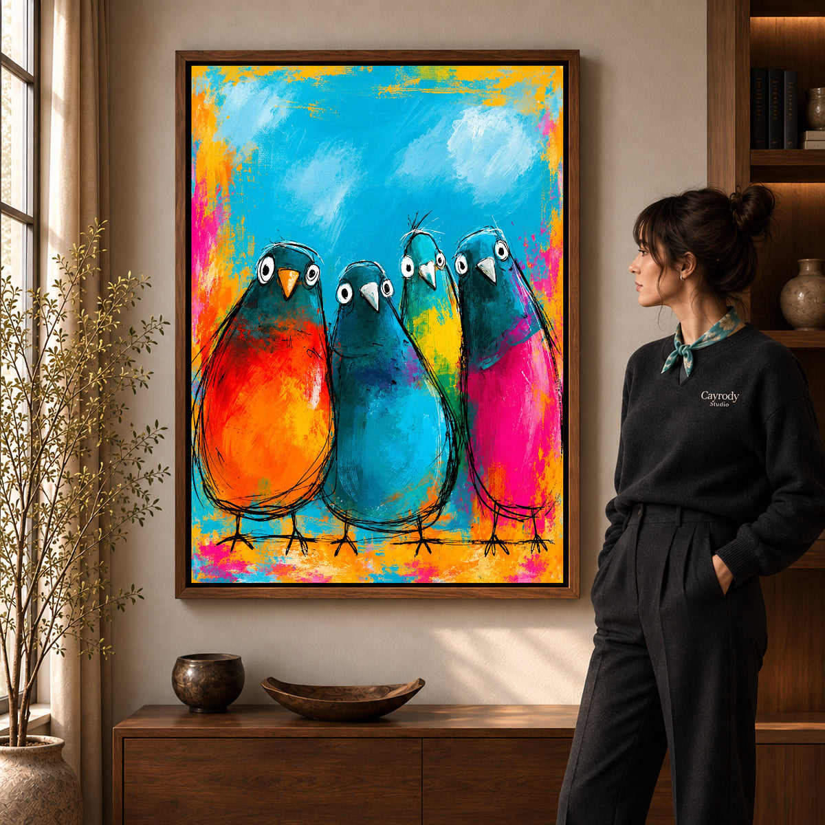 Walnut framed colorful bird quartet artwork scene assigned to all six walnut framed canvas sizes.