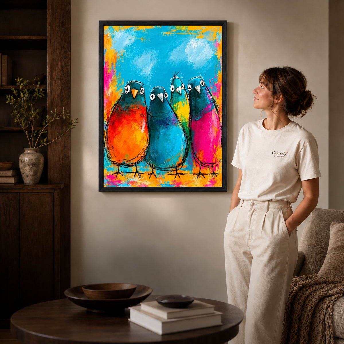 Black framed colorful bird quartet artwork scene assigned to all six black framed canvas sizes.