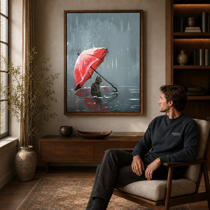 Walnut framed rainy umbrella kitten artwork above a seated man in a wood furnished living room.