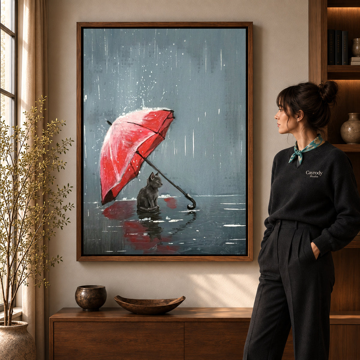 Walnut framed rainy umbrella kitten artwork scene assigned to all six walnut framed canvas sizes.