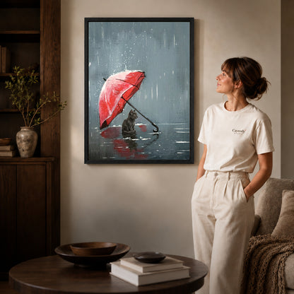Black framed rainy umbrella kitten artwork scene assigned to all six black framed canvas sizes.