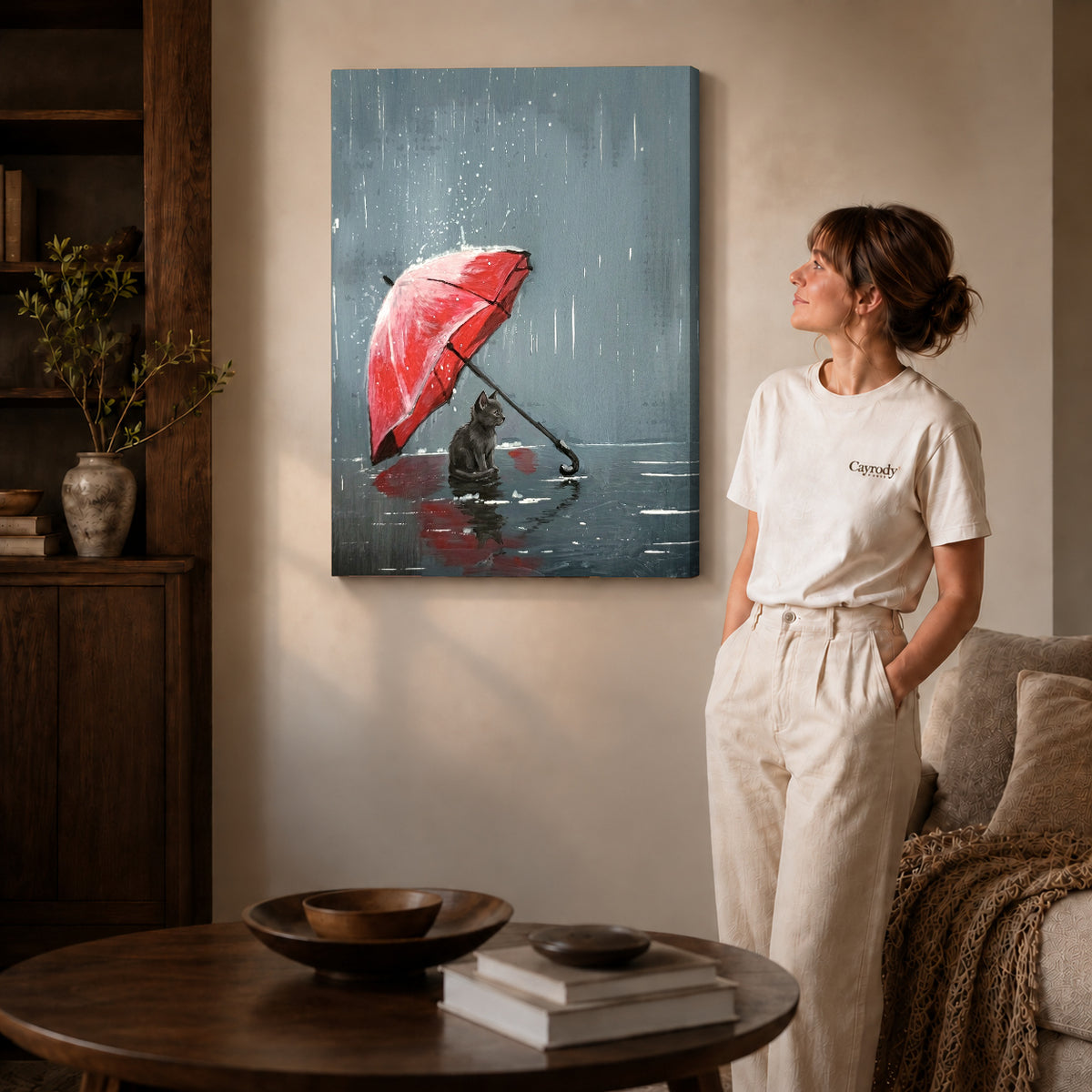 Gallery wrapped rainy umbrella kitten artwork scene assigned to all six unframed wrapped canvas sizes.