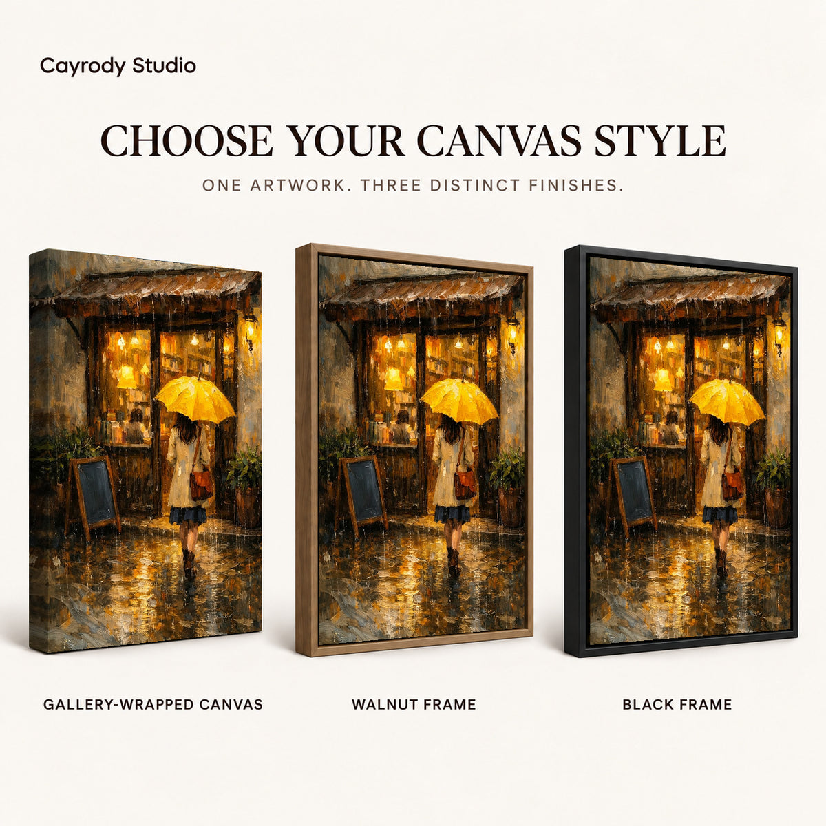 Rainy Cafe Walk artwork finish chart showing gallery wrapped canvas, walnut frame, and black frame options.