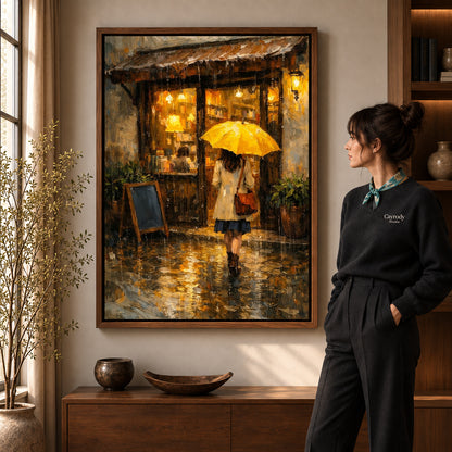Walnut framed rainy cafe walk artwork scene assigned to all six walnut framed canvas sizes.
