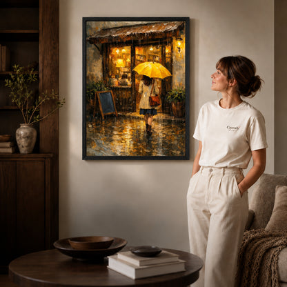 Black framed rainy cafe walk artwork scene assigned to all six black framed canvas sizes.