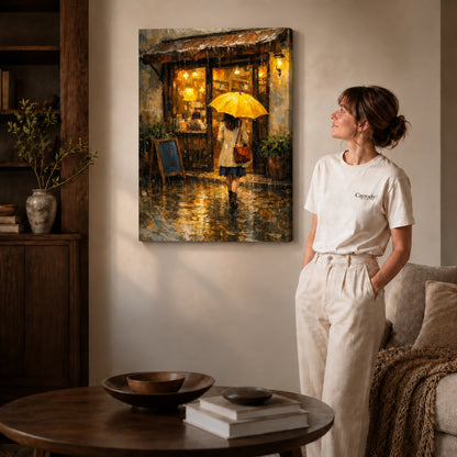 Gallery wrapped rainy cafe walk artwork scene assigned to all six unframed wrapped canvas sizes.