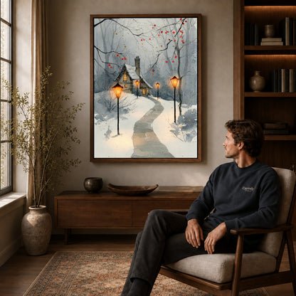 Walnut framed snowy cottage lights artwork above a seated man in a wood furnished living room.