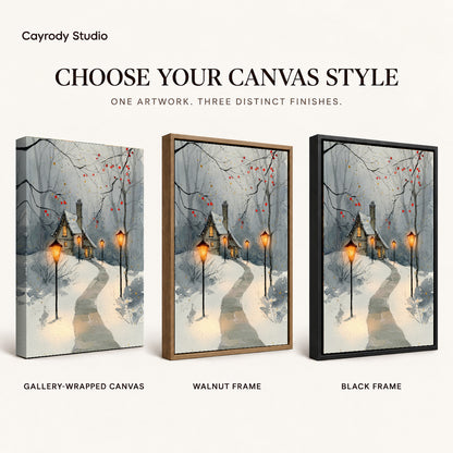 Snowy Cottage Lights artwork finish chart showing gallery wrapped canvas, walnut frame, and black frame options.