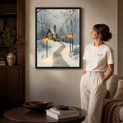 Black framed snowy cottage lights artwork scene assigned to all six black framed canvas sizes.