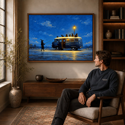 Walnut framed witch cat van artwork above a seated man in a wood furnished living room.
