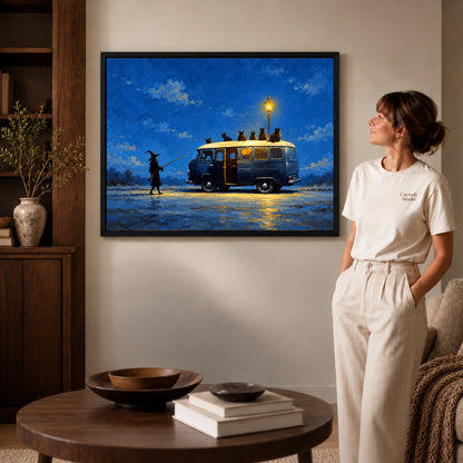 Black framed witch cat van artwork beside a woman in a warm neutral living room.
