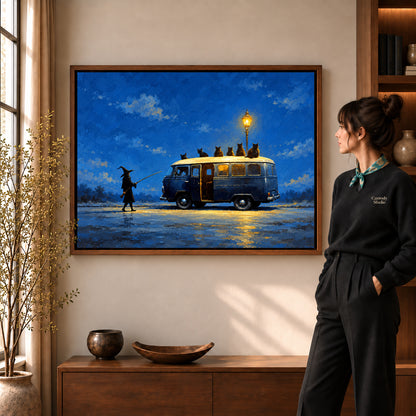 Walnut framed witch cat van artwork scene assigned to all six walnut framed canvas sizes.
