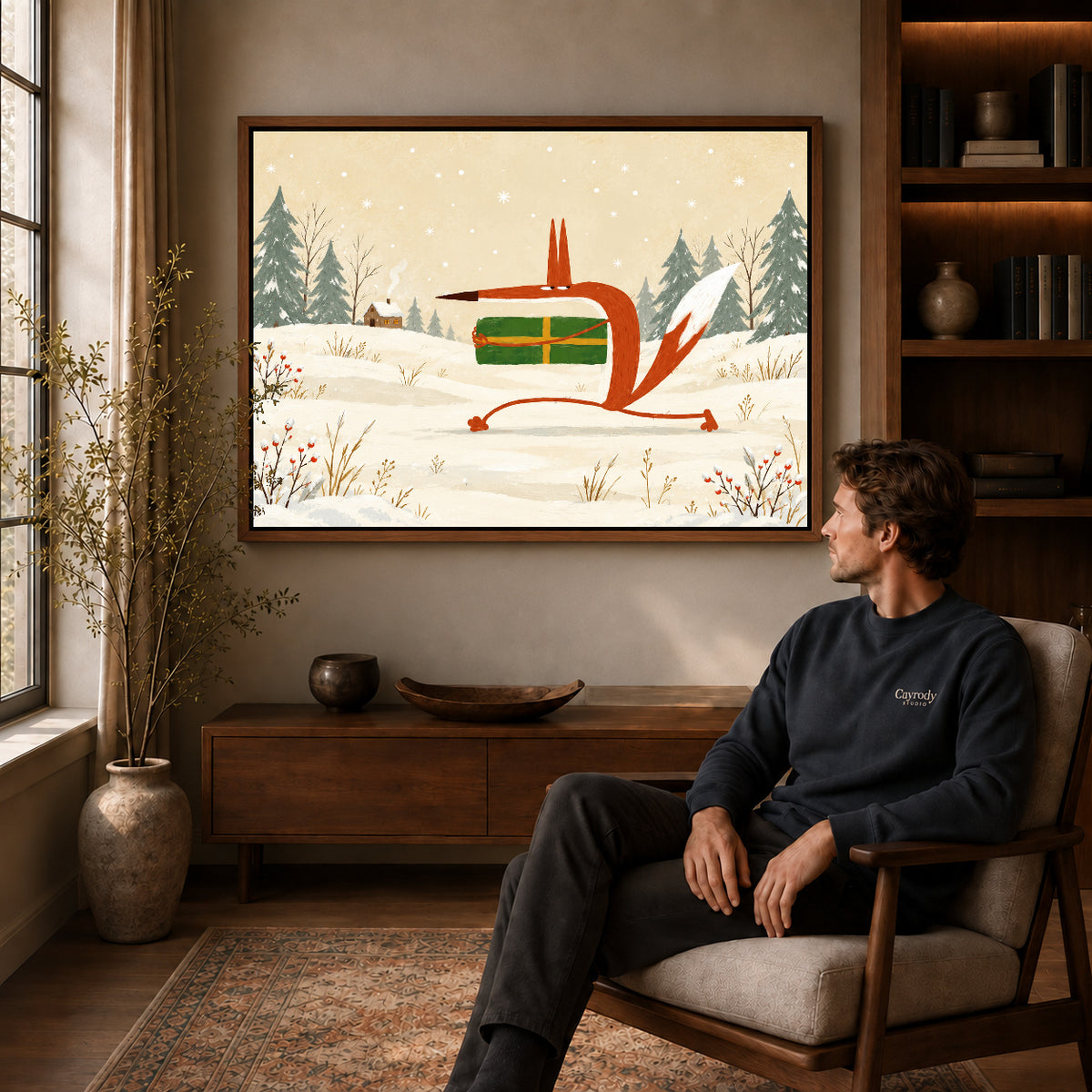 Walnut framed festive gift fox artwork above a seated man in a wood furnished living room.