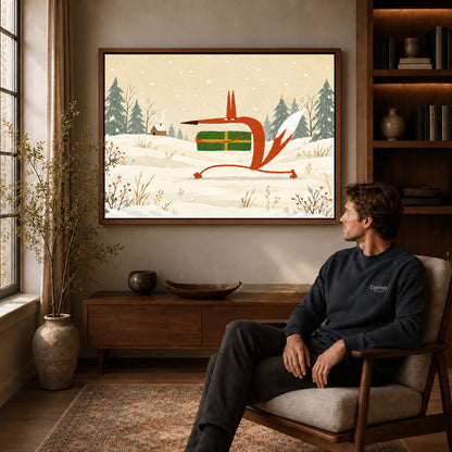 Walnut framed festive gift fox artwork above a seated man in a wood furnished living room.