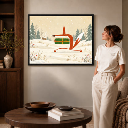 Black framed festive gift fox artwork beside a woman in a warm neutral living room.
