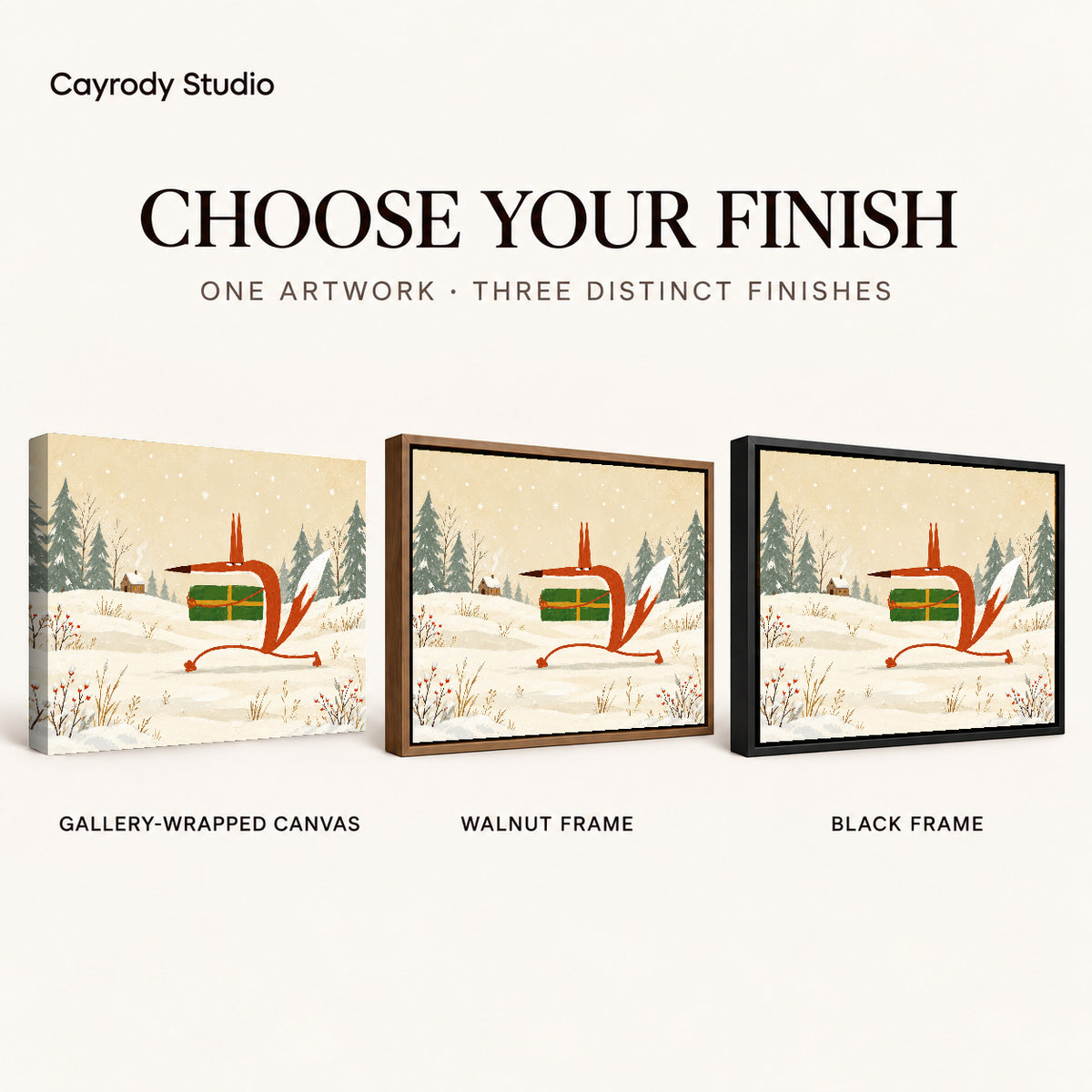 Festive Gift Fox artwork finish chart showing gallery wrapped canvas, walnut frame, and black frame options.