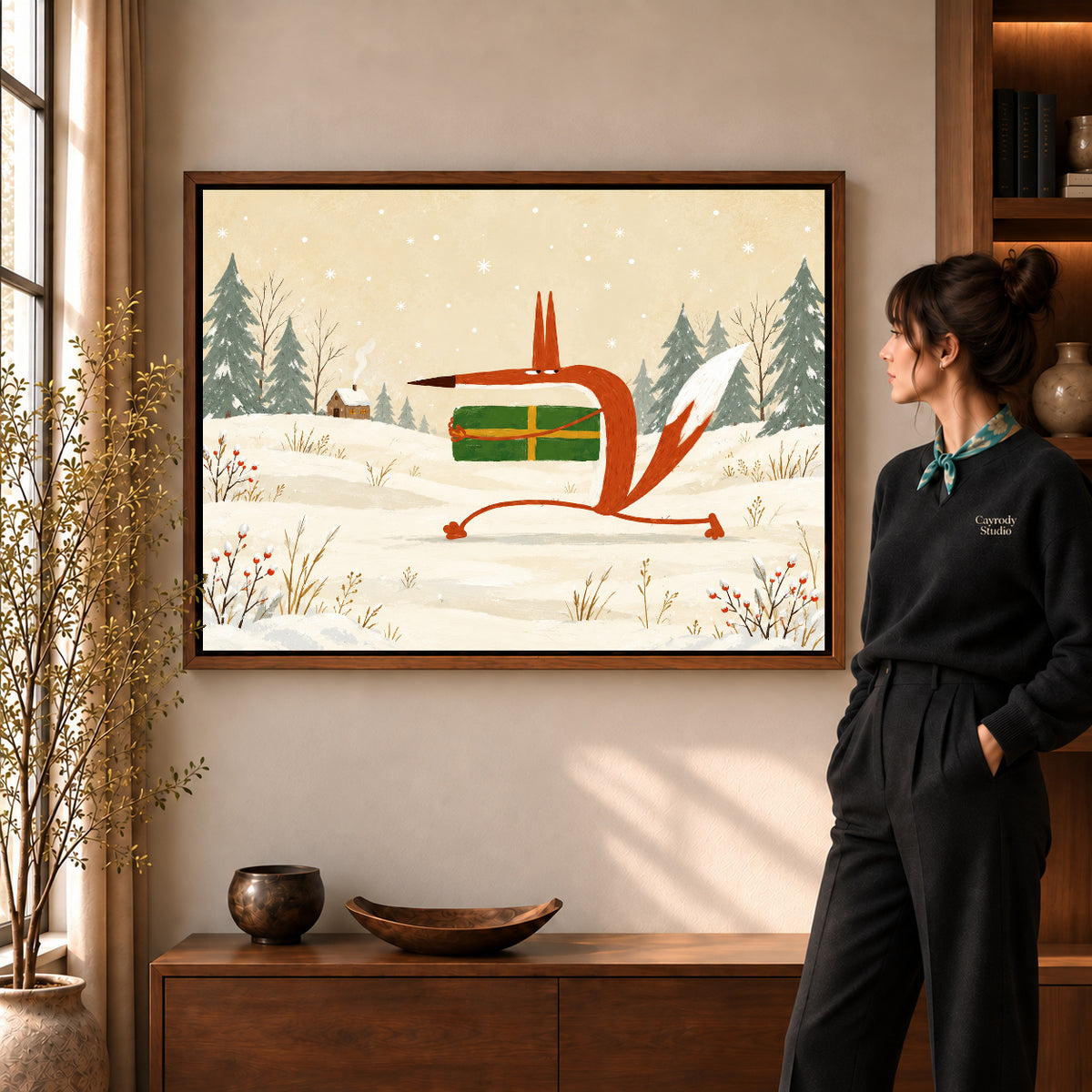 Walnut framed festive gift fox artwork scene assigned to all six walnut framed canvas sizes.