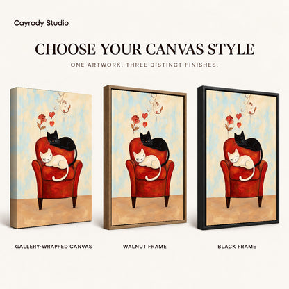 Sleeping Armchair Cats artwork finish chart showing gallery wrapped canvas, walnut frame, and black frame options.