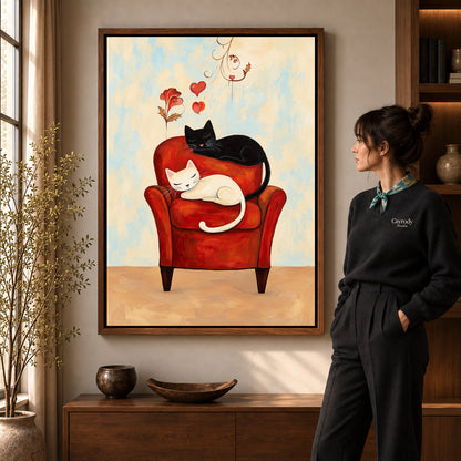 Walnut framed sleeping armchair cats artwork scene assigned to all six walnut framed canvas sizes.