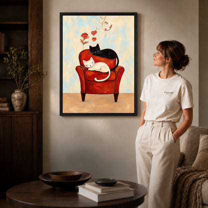 Black framed sleeping armchair cats artwork scene assigned to all six black framed canvas sizes.