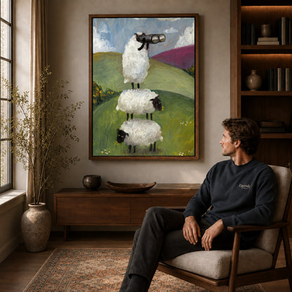 Walnut framed curious sheep stack artwork above a seated man in a wood furnished living room.