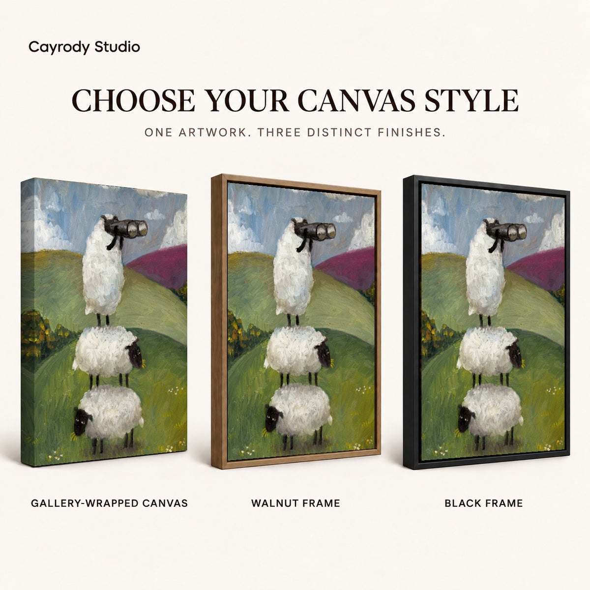Curious Sheep Stack artwork finish chart showing gallery wrapped canvas, walnut frame, and black frame options.
