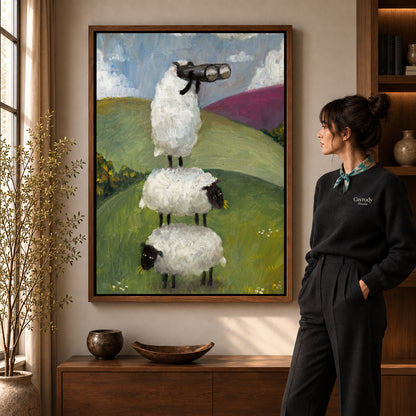 Walnut framed curious sheep stack artwork scene assigned to all six walnut framed canvas sizes.