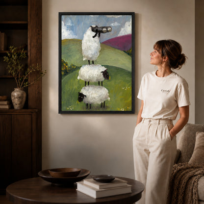 Black framed curious sheep stack artwork scene assigned to all six black framed canvas sizes.