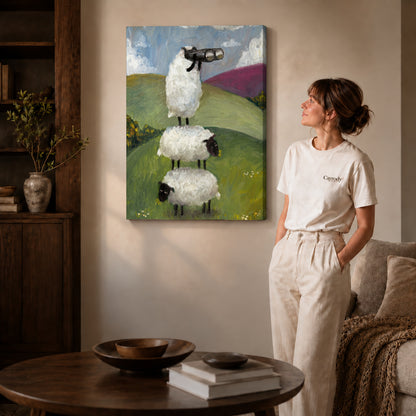 Gallery wrapped curious sheep stack artwork scene assigned to all six unframed wrapped canvas sizes.