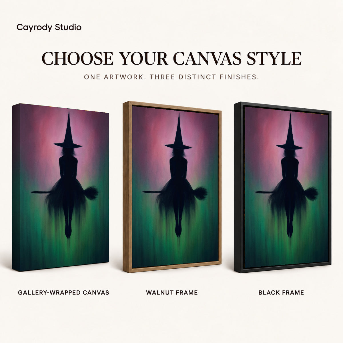 Moody Witch Silhouette artwork finish chart showing gallery wrapped canvas, walnut frame, and black frame options.