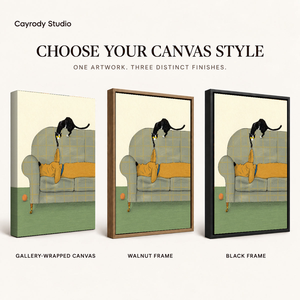 Mischievous Sofa Kitten artwork finish chart showing gallery wrapped canvas, walnut frame, and black frame options.