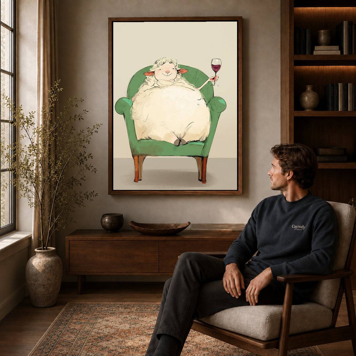 Walnut framed relaxed wine sheep artwork above a seated man in a wood furnished living room.