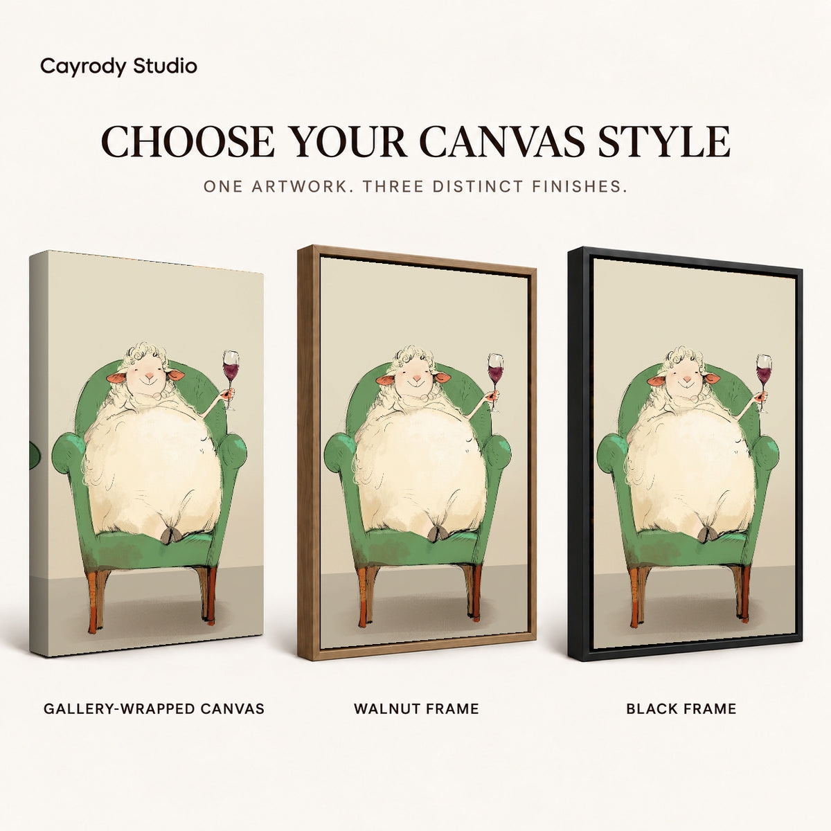 Relaxed Wine Sheep artwork finish chart showing gallery wrapped canvas, walnut frame, and black frame options.