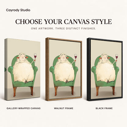 Relaxed Wine Sheep artwork finish chart showing gallery wrapped canvas, walnut frame, and black frame options.