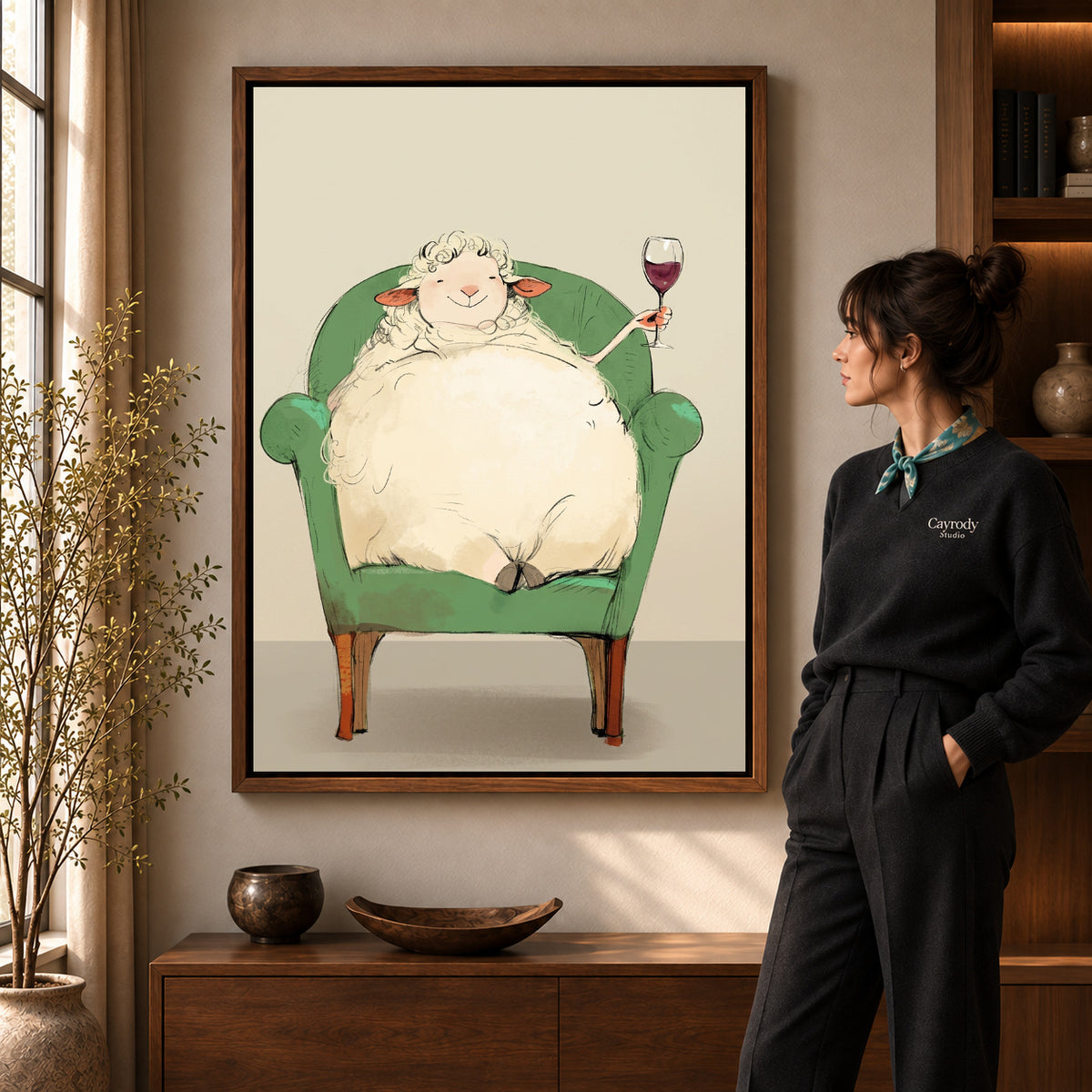 Walnut framed relaxed wine sheep artwork scene assigned to all six walnut framed canvas sizes.