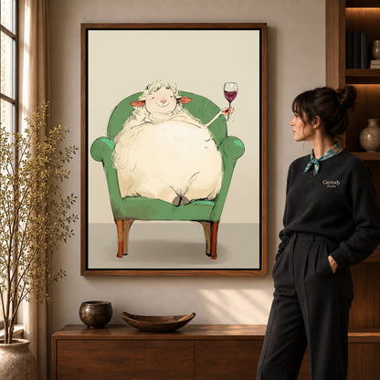 Walnut framed relaxed wine sheep artwork scene assigned to all six walnut framed canvas sizes.