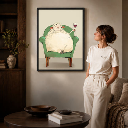 Black framed relaxed wine sheep artwork scene assigned to all six black framed canvas sizes.