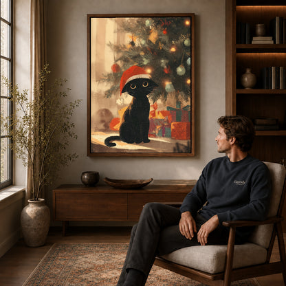 Walnut framed cozy christmas cat artwork above a seated man in a wood furnished living room.