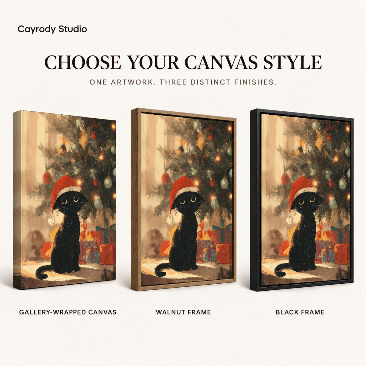 Cozy Christmas Cat artwork finish chart showing gallery wrapped canvas, walnut frame, and black frame options.