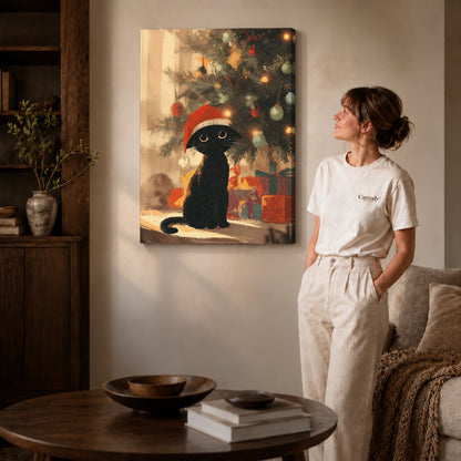 Gallery wrapped cozy christmas cat artwork scene assigned to all six unframed wrapped canvas sizes.