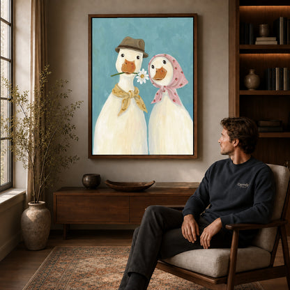 Walnut framed daisy duck couple artwork above a seated man in a wood furnished living room.