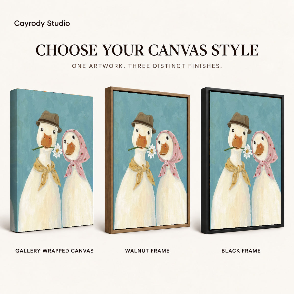 Daisy Duck Couple artwork finish chart showing gallery wrapped canvas, walnut frame, and black frame options.